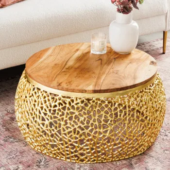 Konferenčný stôl Leaf 43228 Ø75cm Aluminium Gold + Drevo Acacia
