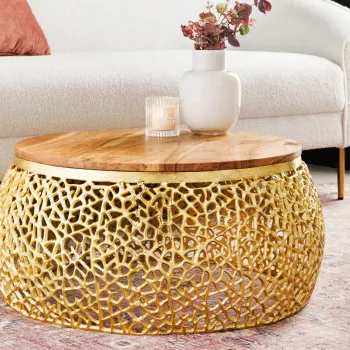 Konferenčný stôl Leaf 43228 Ø75cm Aluminium Gold + Drevo Acacia